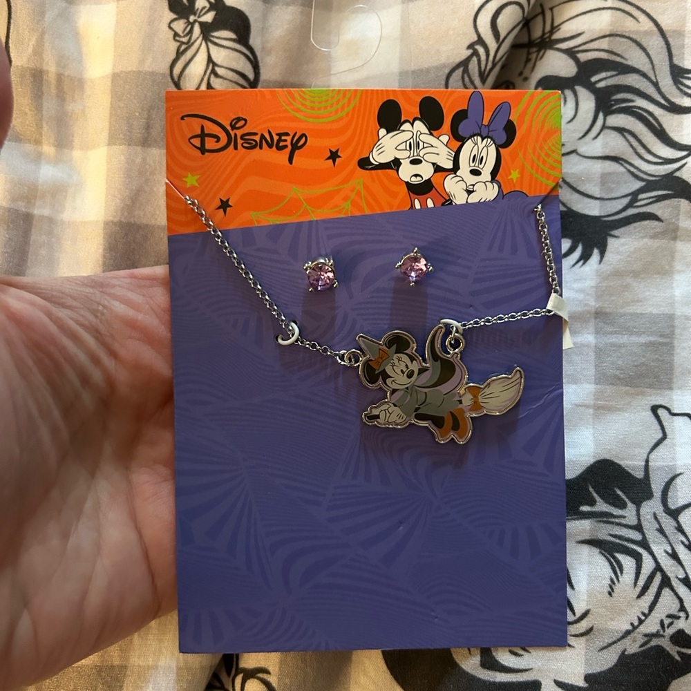 Disney Minnie Mouse Witch Halloween necklace and earrings set NWT